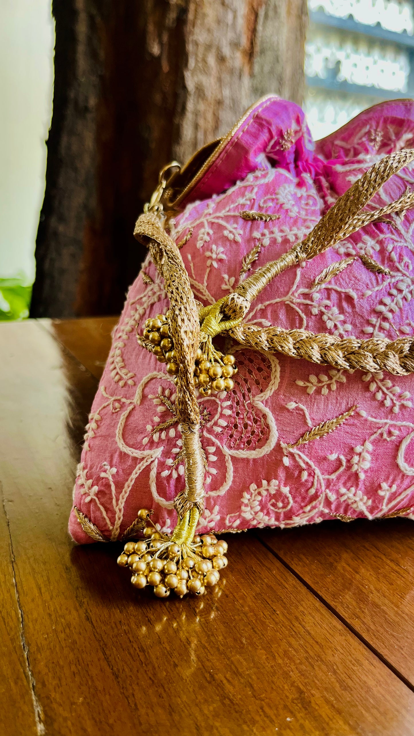 Dark Pink Raw Silk Chikankari Polti Bags