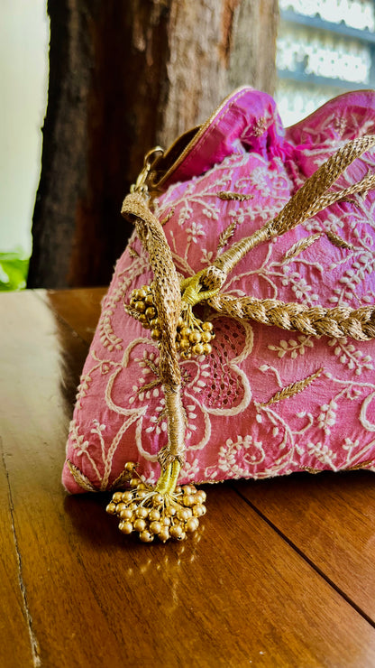 Dark Pink Raw Silk Chikankari Polti Bags