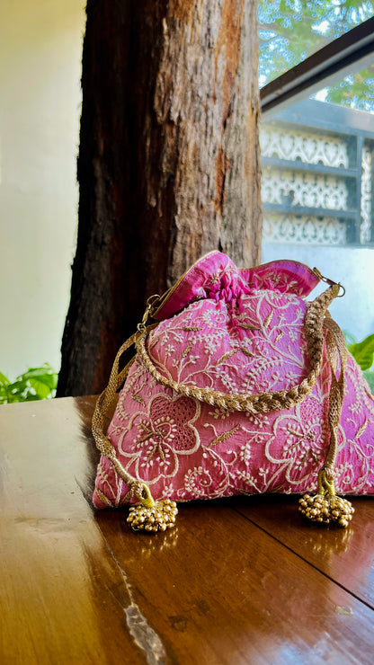 Dark Pink Raw Silk Chikankari Polti Bags