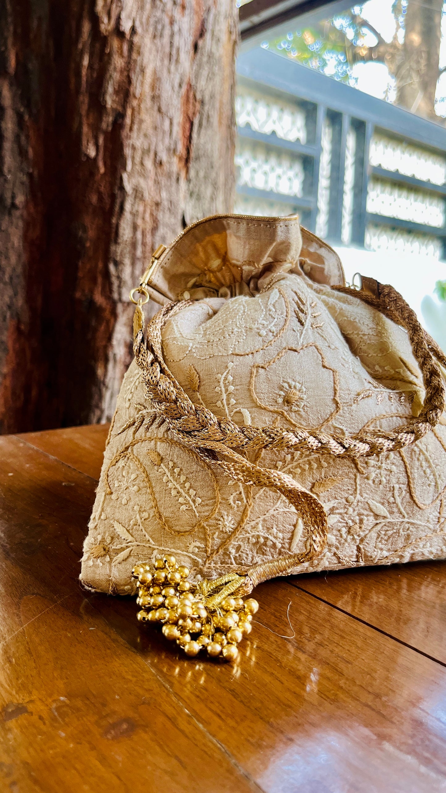 Natural Beige Raw Silk Chikankari Polti Bags