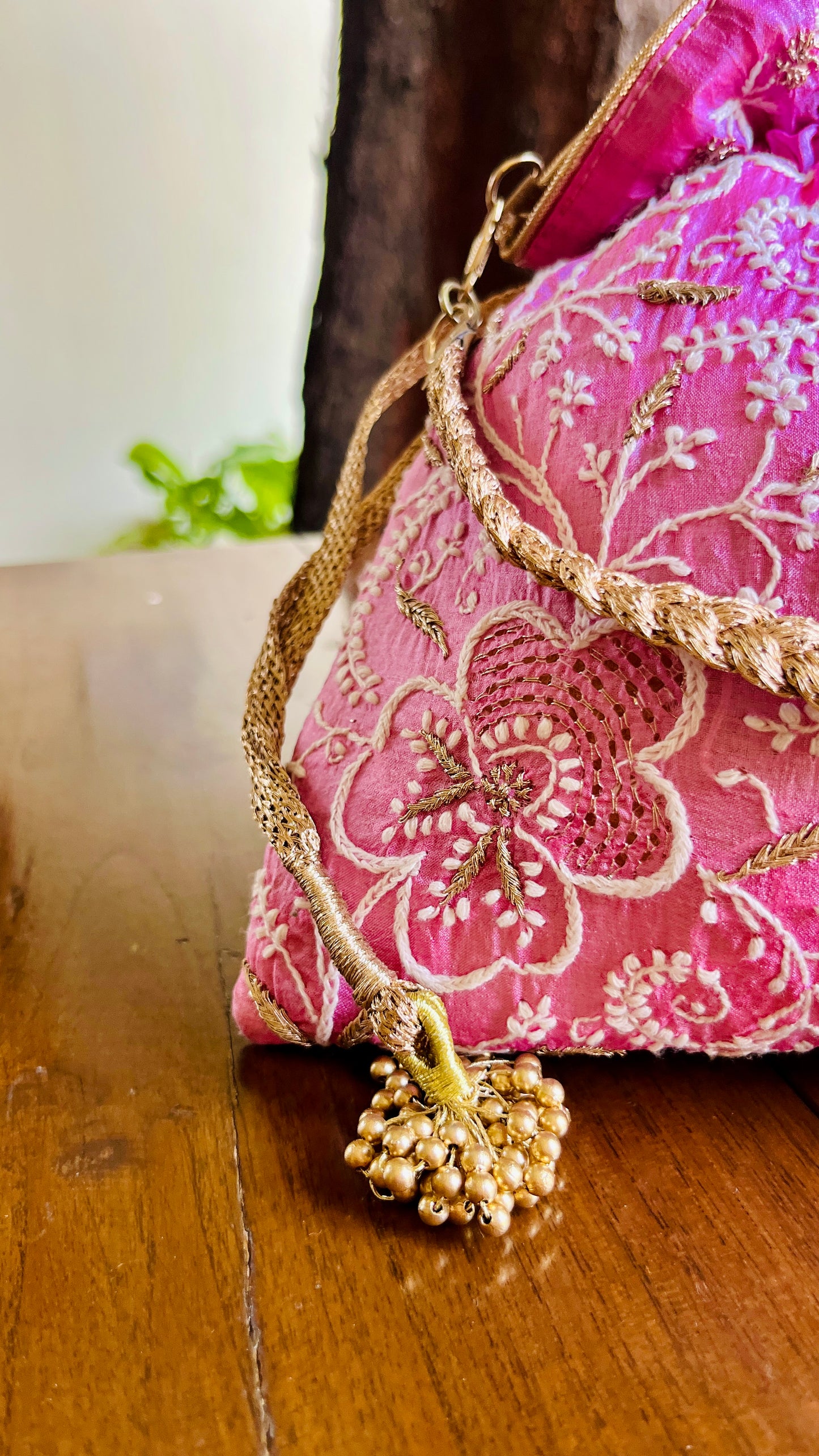 Dark Pink Raw Silk Chikankari Polti Bags