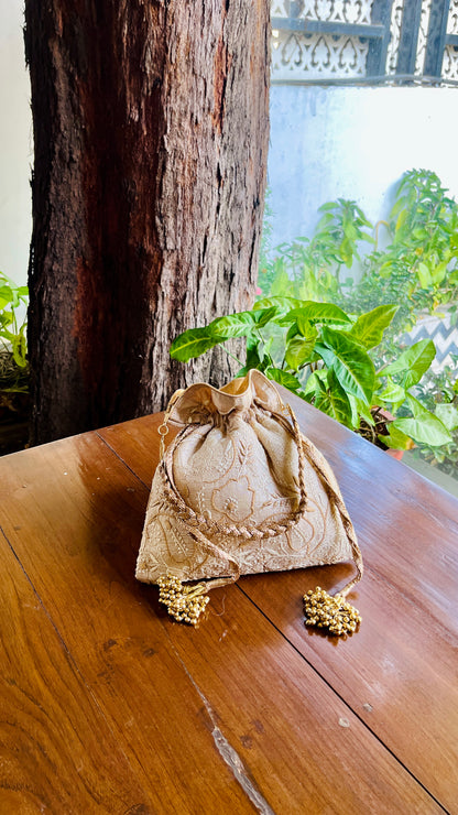 Natural Beige Raw Silk Chikankari Polti Bags