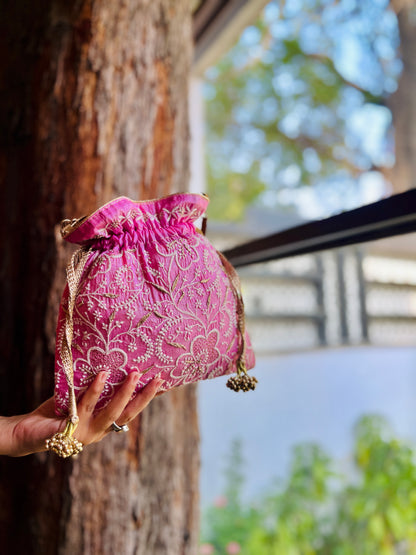 Dark Pink Raw Silk Chikankari Polti Bags
