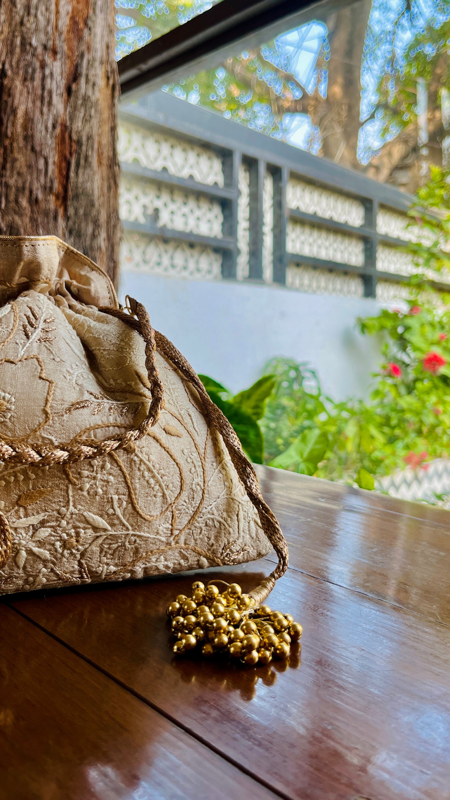 Natural Beige Raw Silk Chikankari Polti Bags