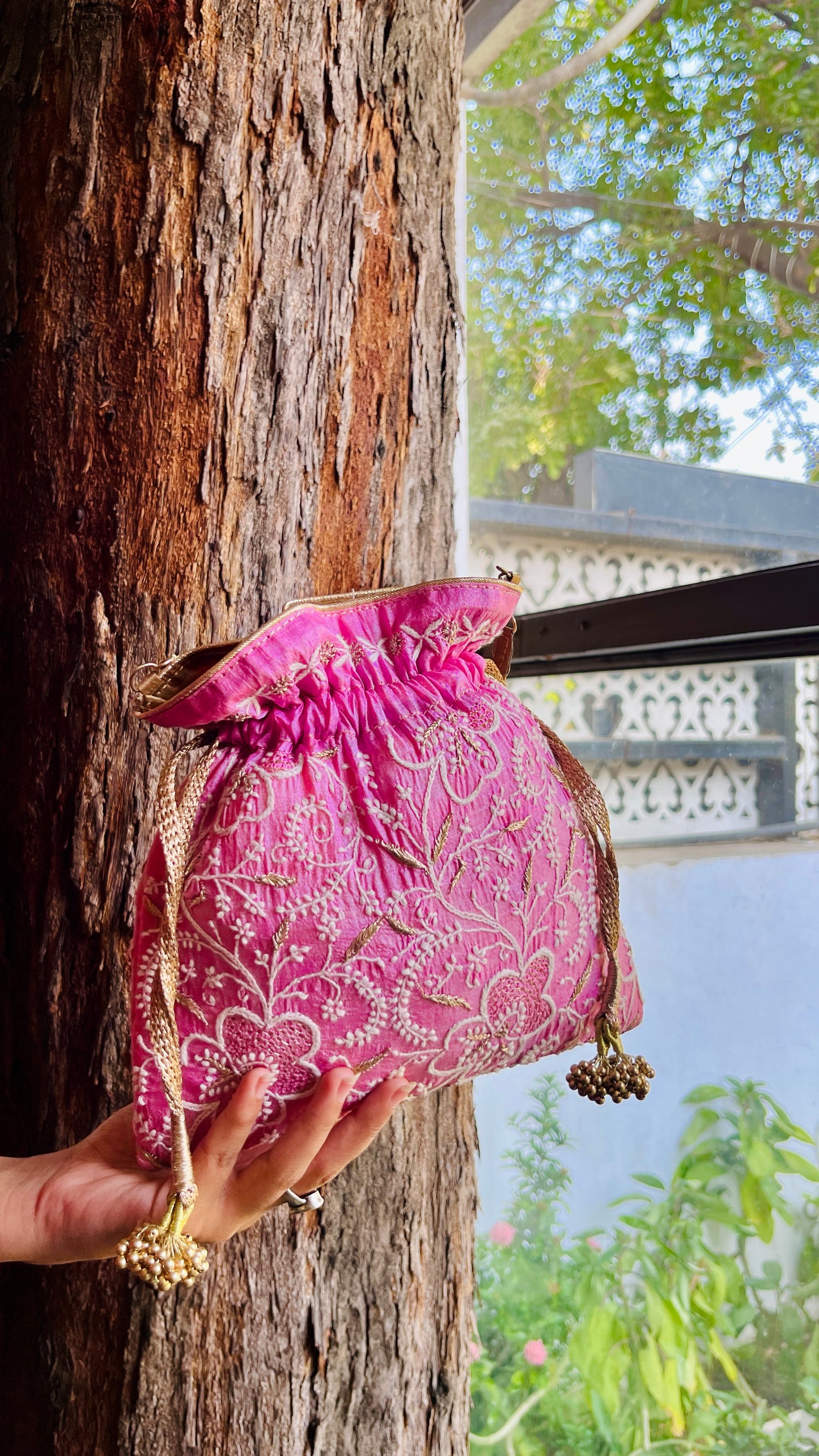 Dark Pink Raw Silk Chikankari Polti Bags