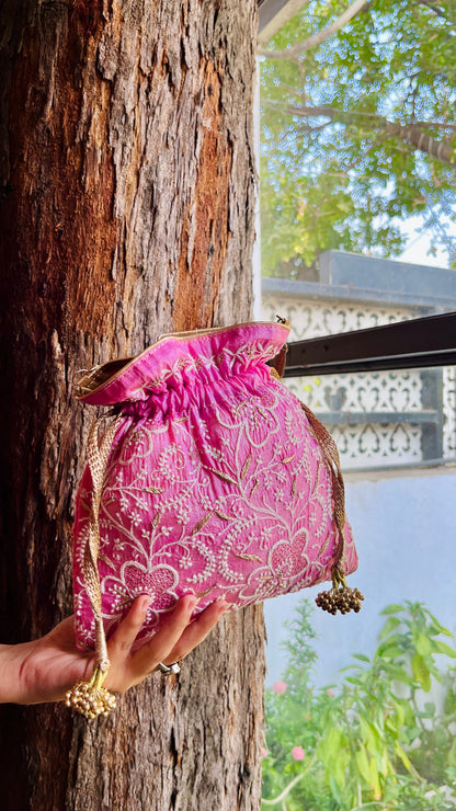 Dark Pink Raw Silk Chikankari Polti Bags
