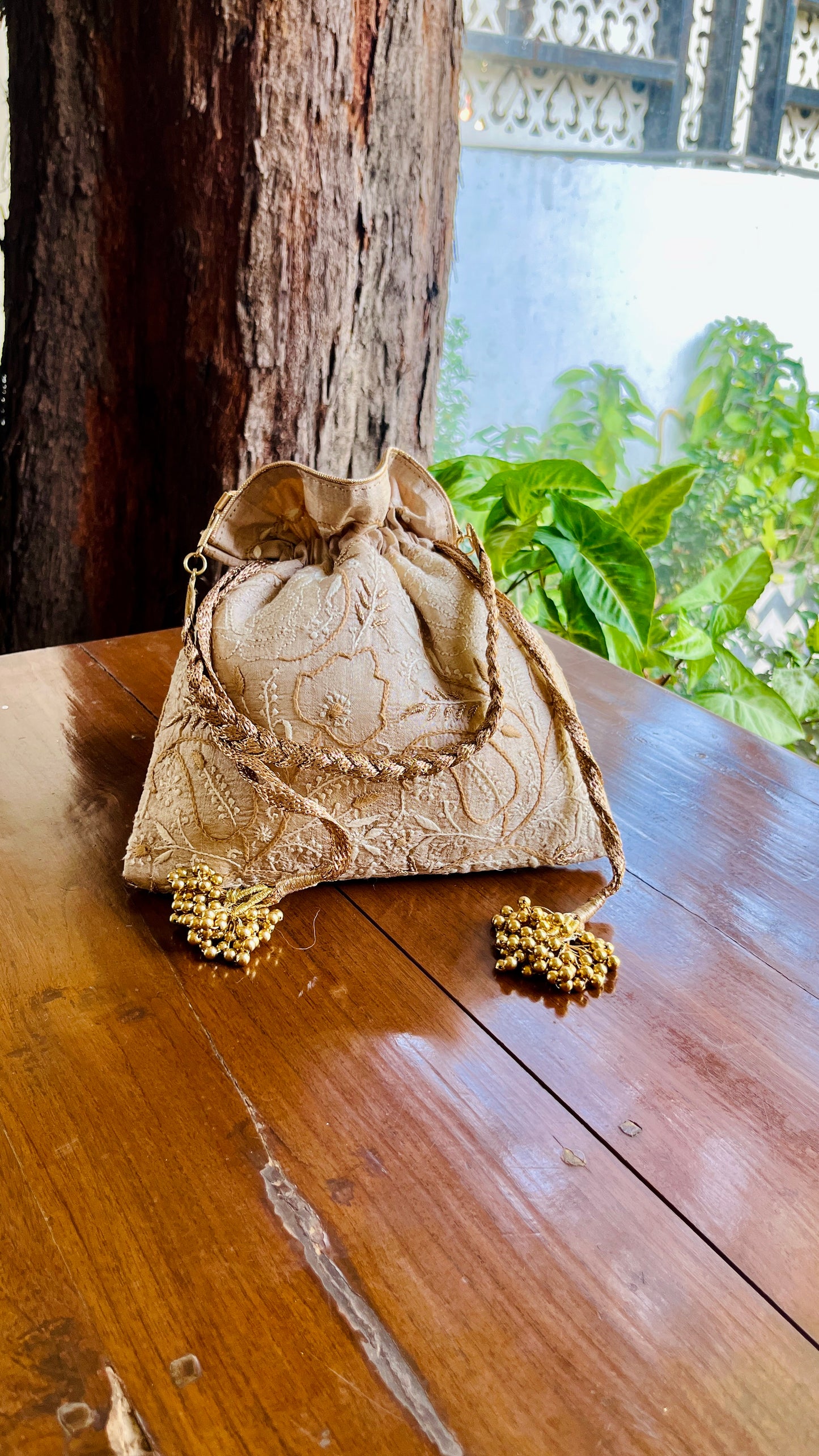 Natural Beige Raw Silk Chikankari Polti Bags