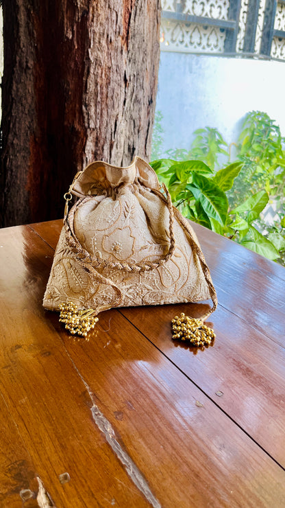 Natural Beige Raw Silk Chikankari Polti Bags