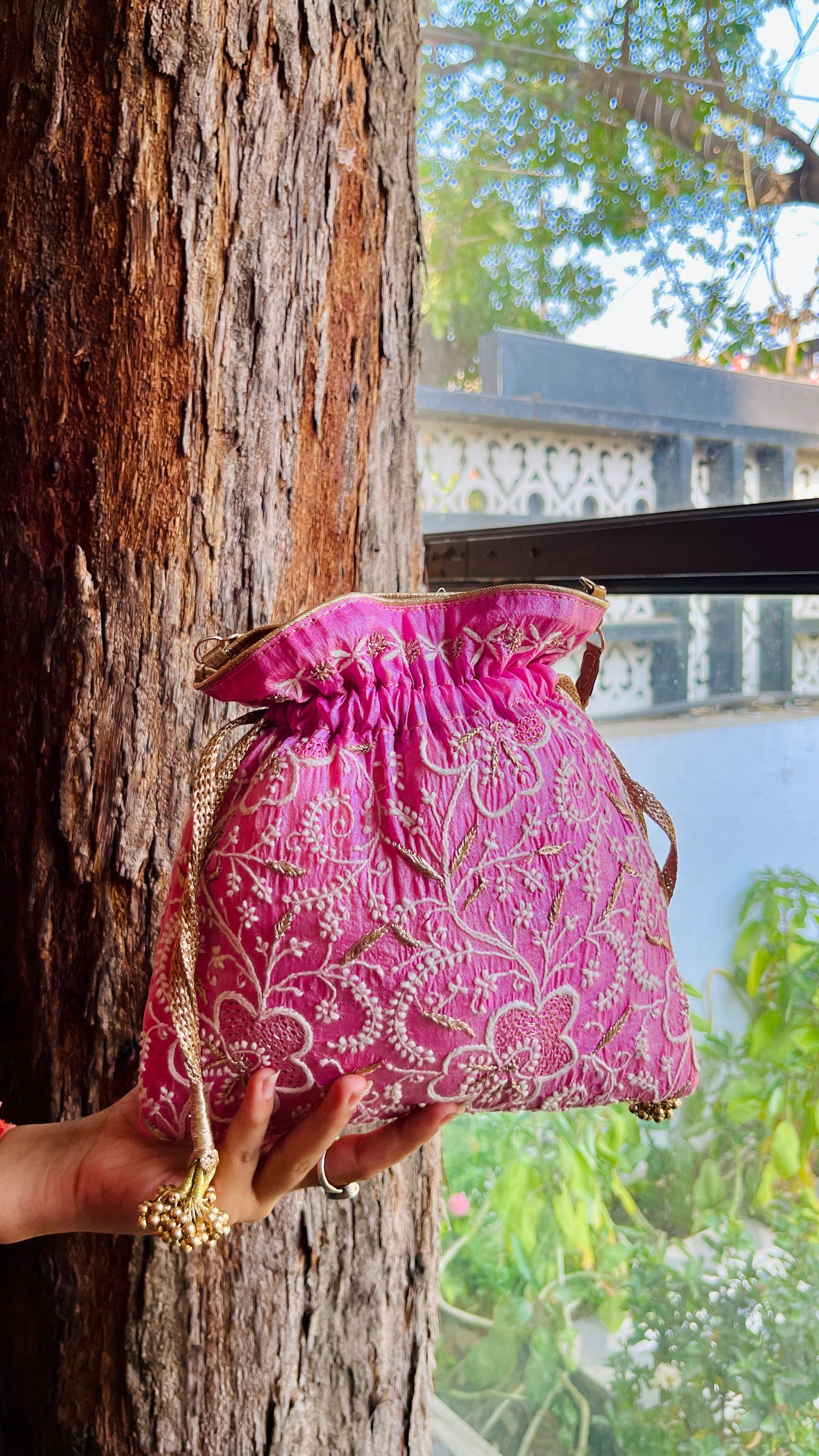 Dark Pink Raw Silk Chikankari Polti Bags