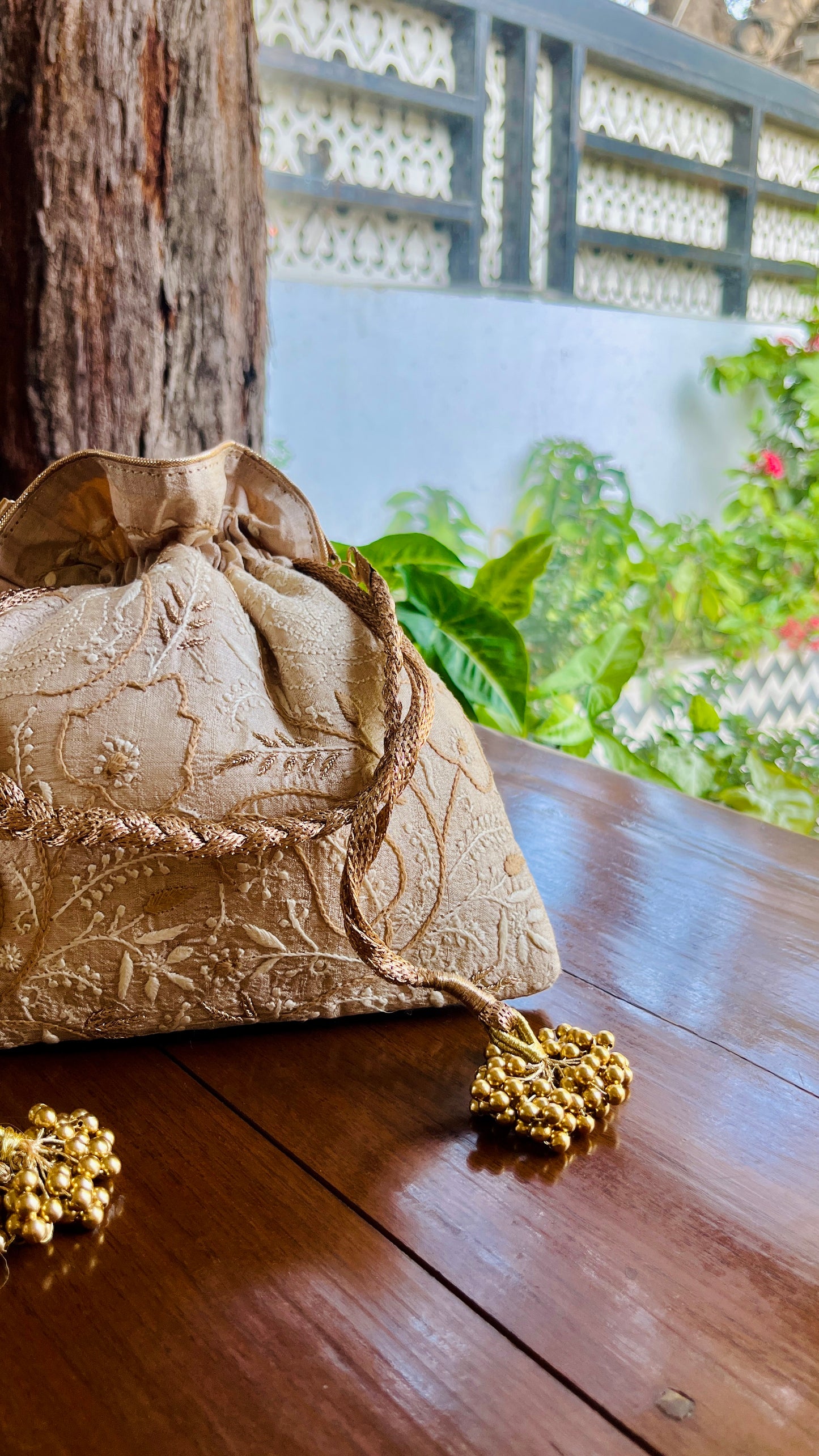 Natural Beige Raw Silk Chikankari Polti Bags