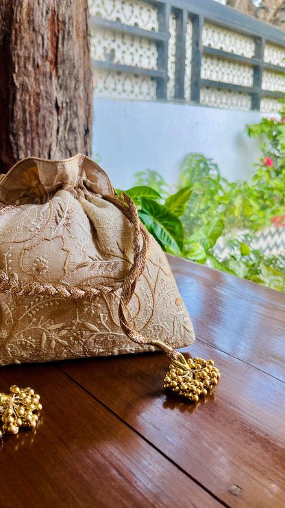 Natural Beige Raw Silk Chikankari Polti Bags