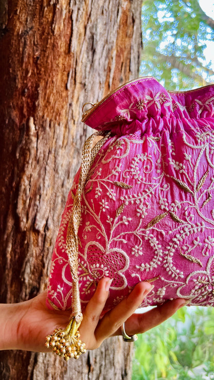 Dark Pink Raw Silk Chikankari Polti Bags