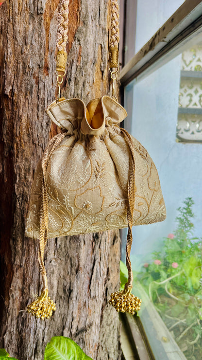 Natural Beige Raw Silk Chikankari Polti Bags