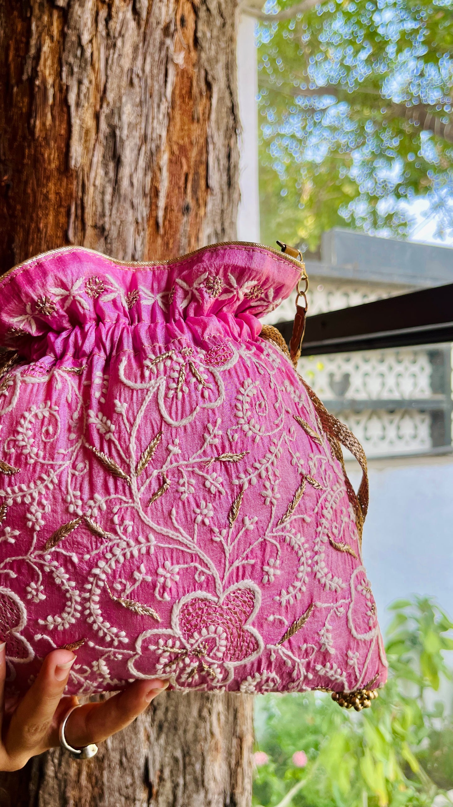 Dark Pink Raw Silk Chikankari Polti Bags