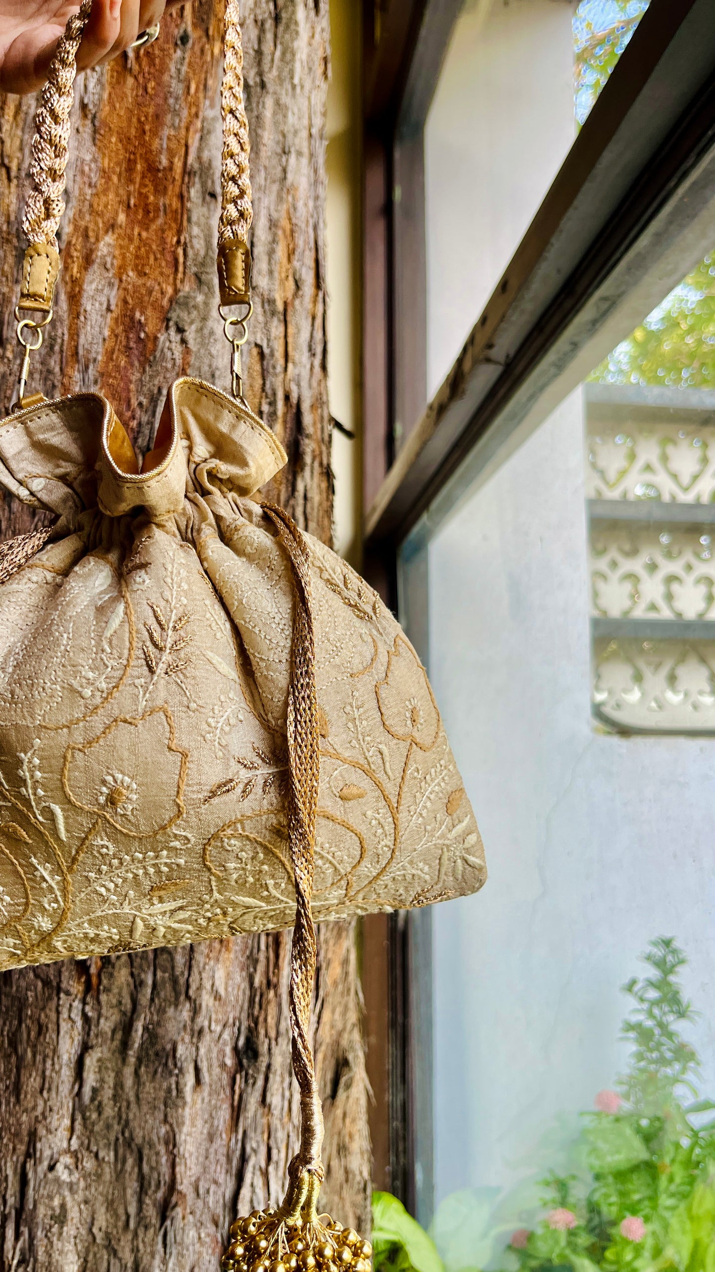 Natural Beige Raw Silk Chikankari Polti Bags