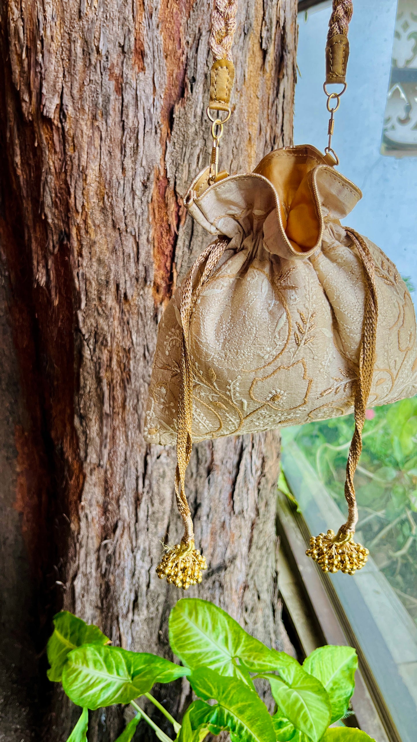 Natural Beige Raw Silk Chikankari Polti Bags