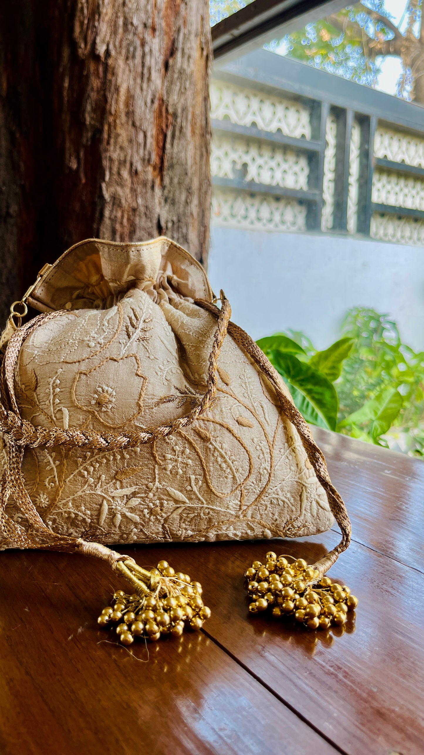 Natural Beige Raw Silk Chikankari Polti Bags