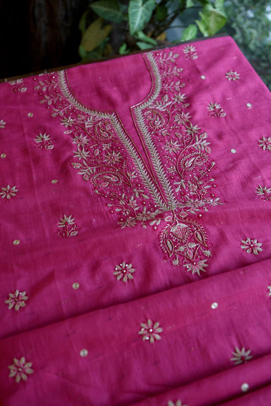 Dark Pink Shade Jamdani X Chikankari Unstitched Fabric