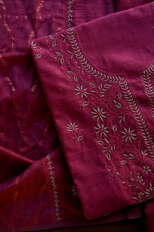 Dark Pink Shade Jamdani X Chikankari Unstitched Fabric