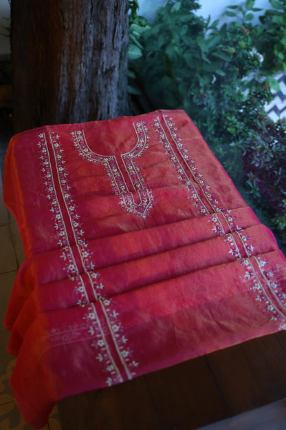 Dark Pink Shade Shade Tissue Kota Chikankari Unstitched Fabric