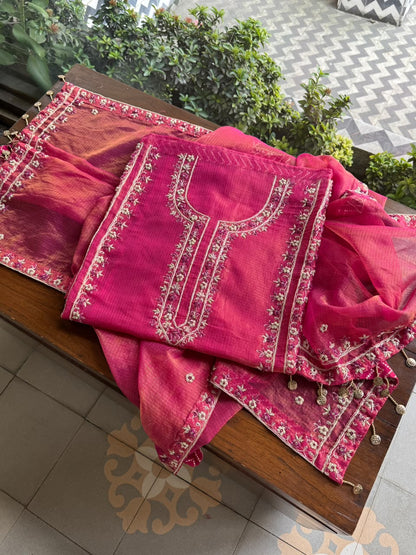 Dark Pink Shade Shade Tissue Kota Chikankari Unstitched Fabric