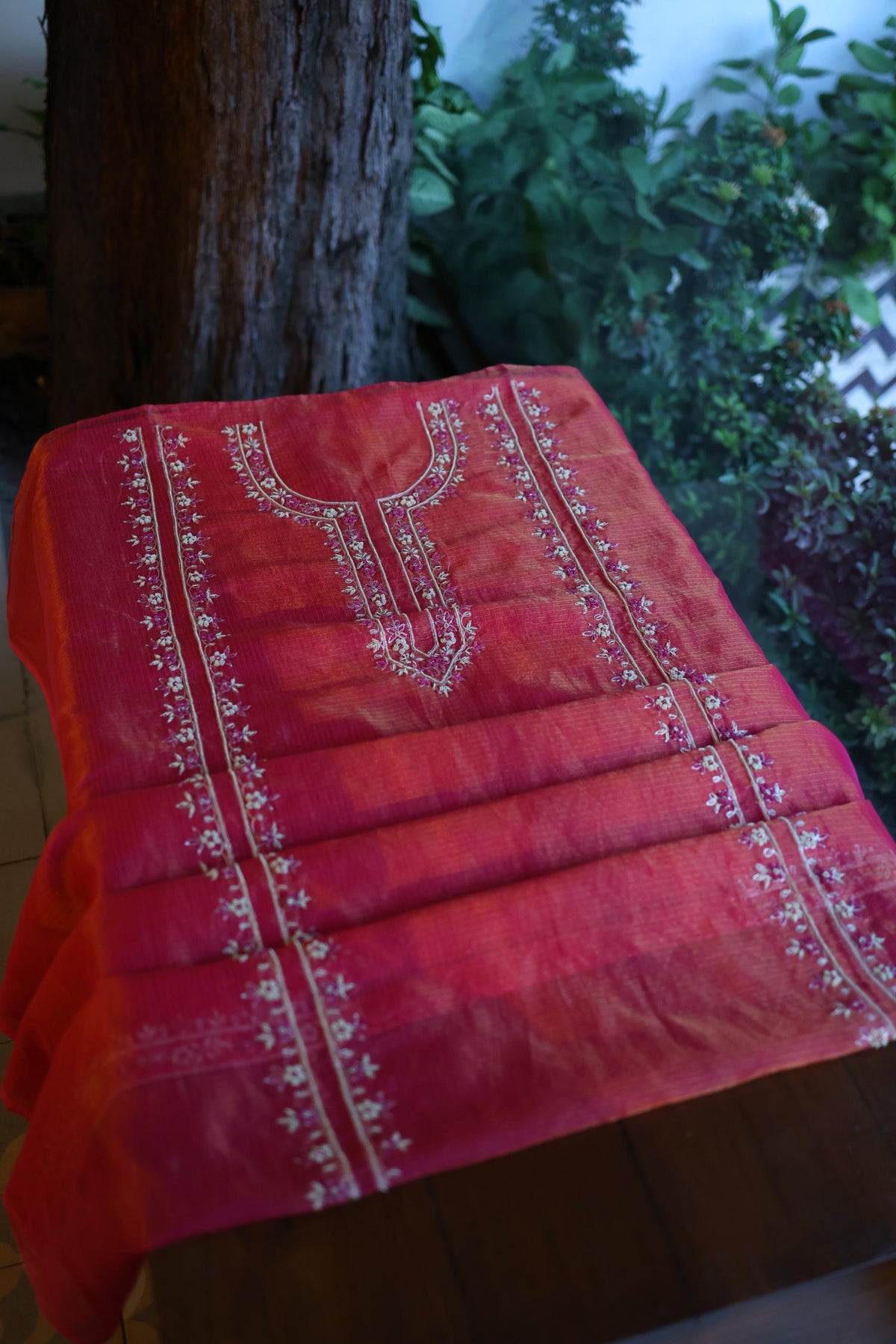 Dark Pink Shade Shade Tissue Kota Chikankari Unstitched Fabric