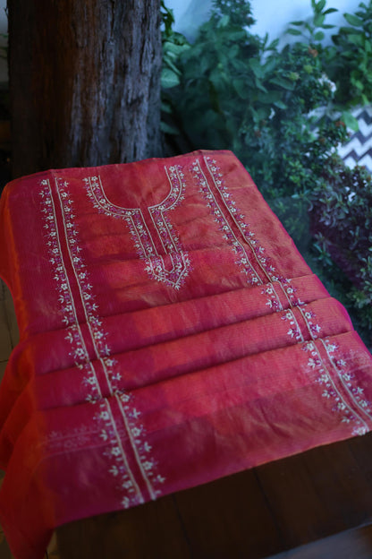 Dark Pink Shade Shade Tissue Kota Chikankari Unstitched Fabric