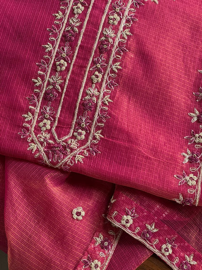 Dark Pink Shade Shade Tissue Kota Chikankari Unstitched Fabric