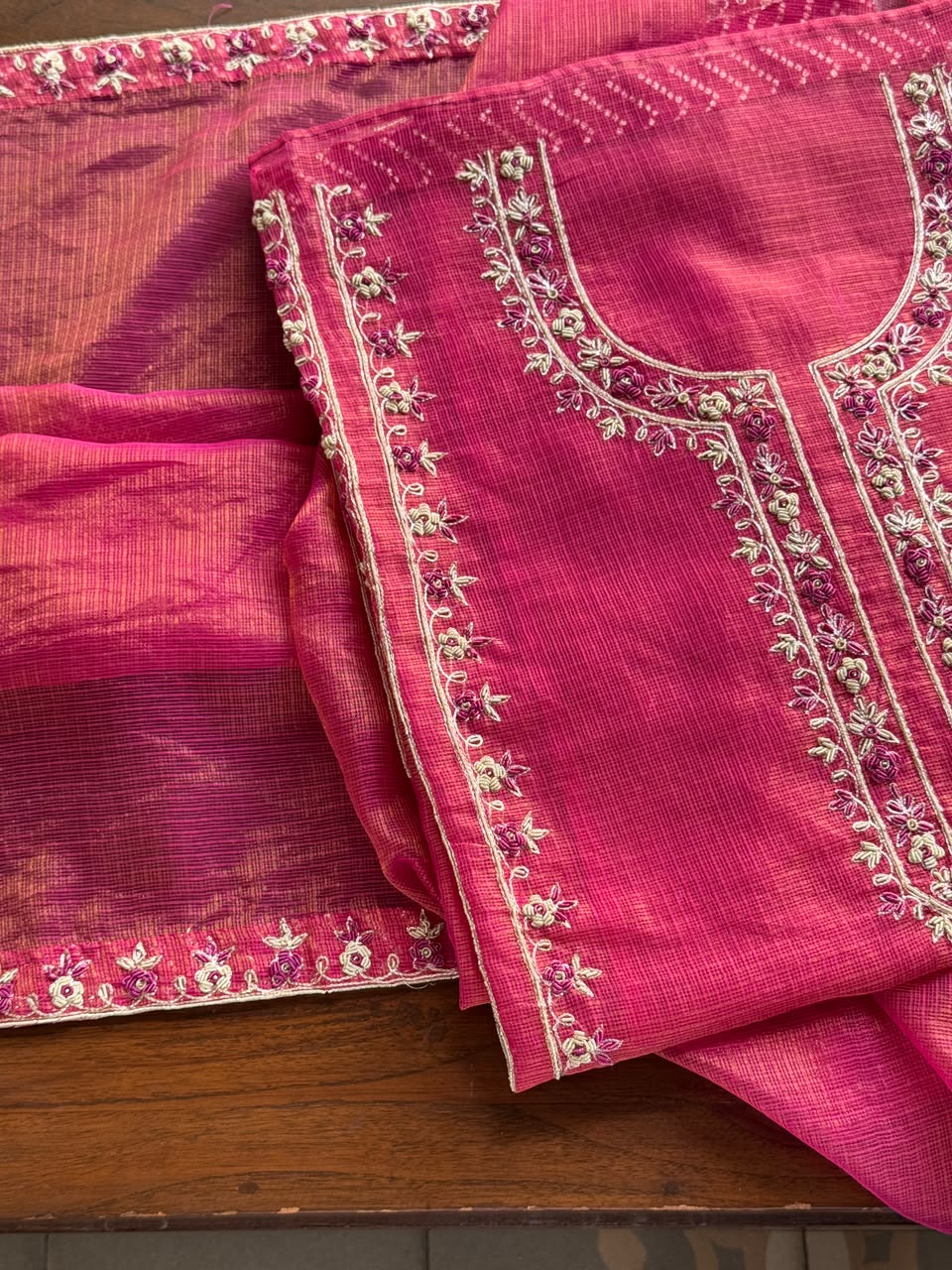Dark Pink Shade Shade Tissue Kota Chikankari Unstitched Fabric