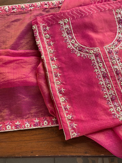 Dark Pink Shade Shade Tissue Kota Chikankari Unstitched Fabric