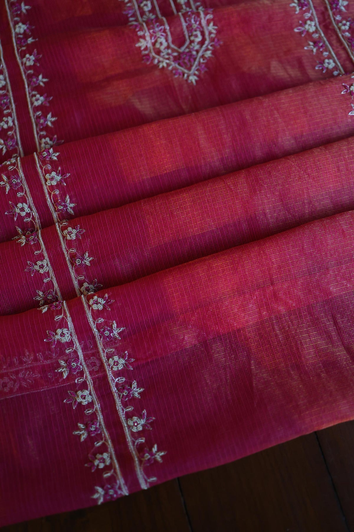 Dark Pink Shade Shade Tissue Kota Chikankari Unstitched Fabric