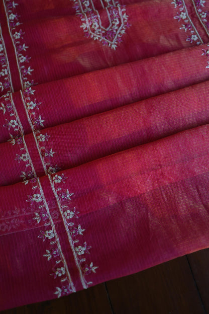 Dark Pink Shade Shade Tissue Kota Chikankari Unstitched Fabric
