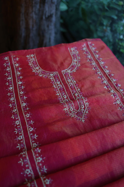 Dark Pink Shade Shade Tissue Kota Chikankari Unstitched Fabric