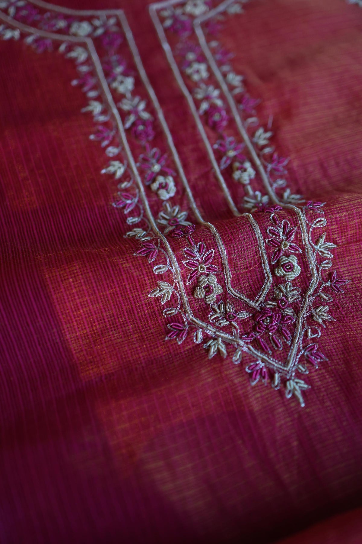 Dark Pink Shade Shade Tissue Kota Chikankari Unstitched Fabric