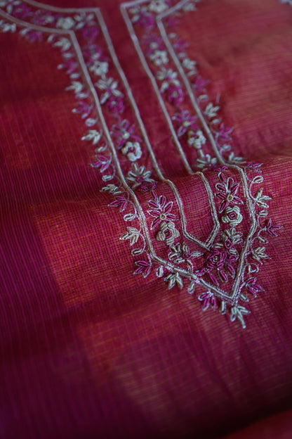 Dark Pink Shade Shade Tissue Kota Chikankari Unstitched Fabric