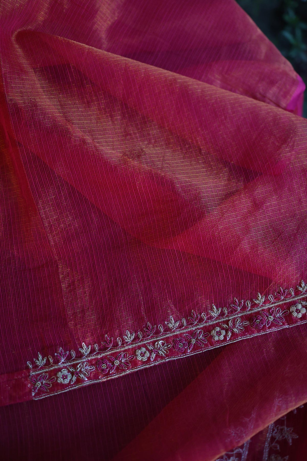 Dark Pink Shade Shade Tissue Kota Chikankari Unstitched Fabric