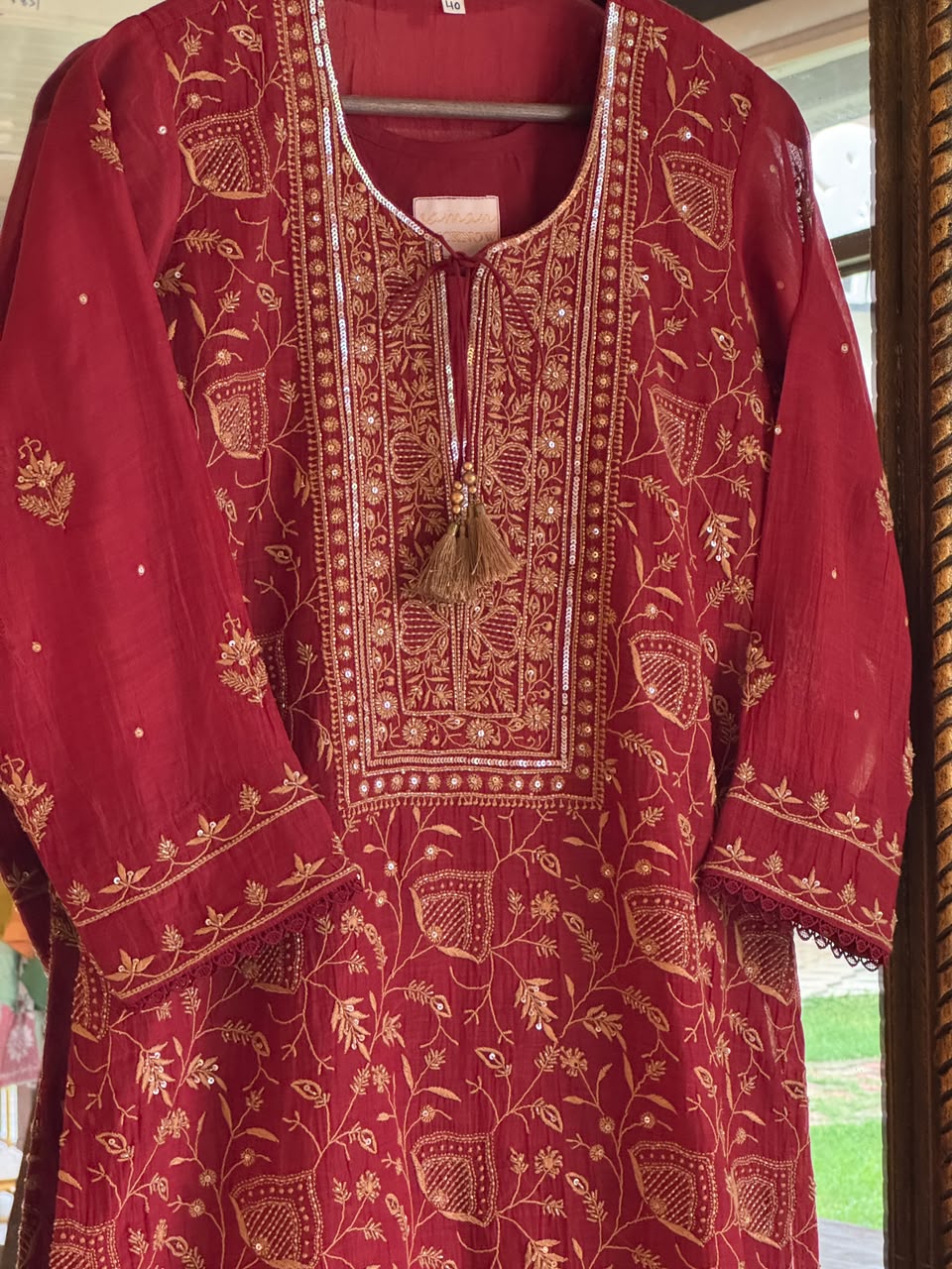 Dark Pink & Yellow Shade Malmal Pearl White Chikankari Ready to Wear Kurta Set