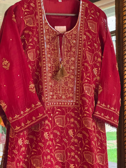 Dark Pink & Yellow Shade Malmal Pearl White Chikankari Ready to Wear Kurta Set