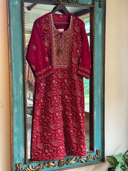 Dark Pink & Yellow Shade Malmal Pearl White Chikankari Ready to Wear Kurta Set