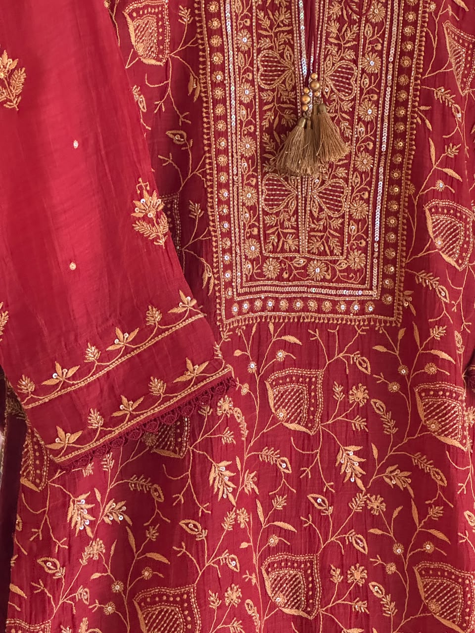 Dark Pink & Yellow Shade Malmal Pearl White Chikankari Ready to Wear Kurta Set