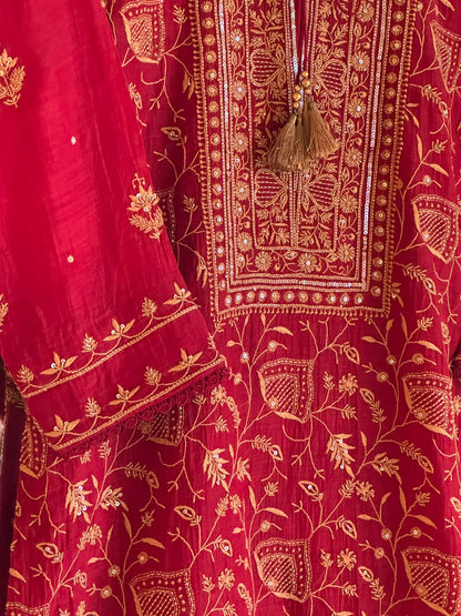 Dark Pink & Yellow Shade Malmal Pearl White Chikankari Ready to Wear Kurta Set