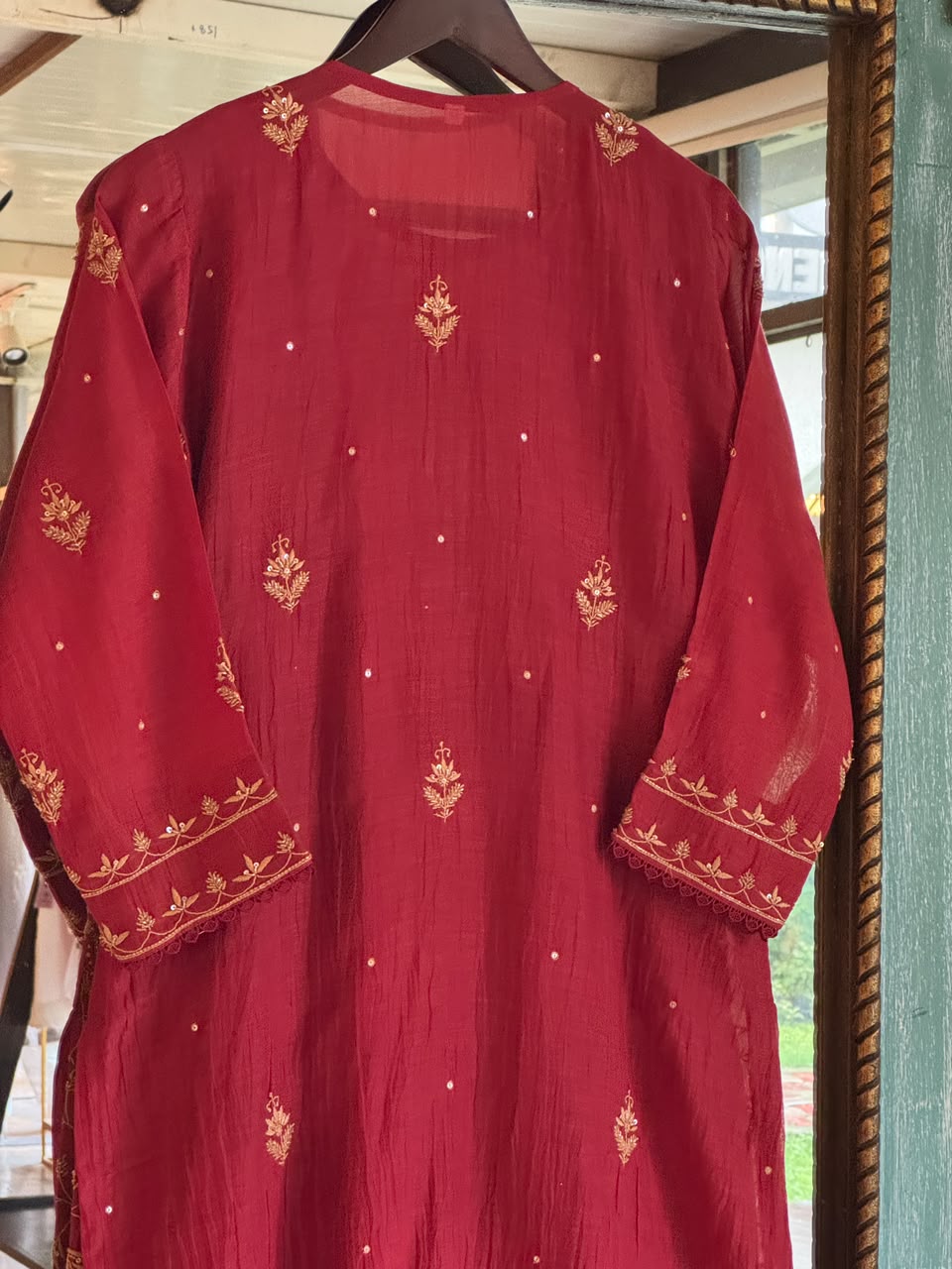 Dark Pink & Yellow Shade Malmal Pearl White Chikankari Ready to Wear Kurta Set
