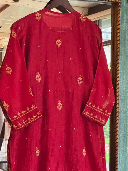 Dark Pink & Yellow Shade Malmal Pearl White Chikankari Ready to Wear Kurta Set