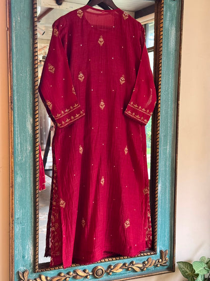 Dark Pink & Yellow Shade Malmal Pearl White Chikankari Ready to Wear Kurta Set