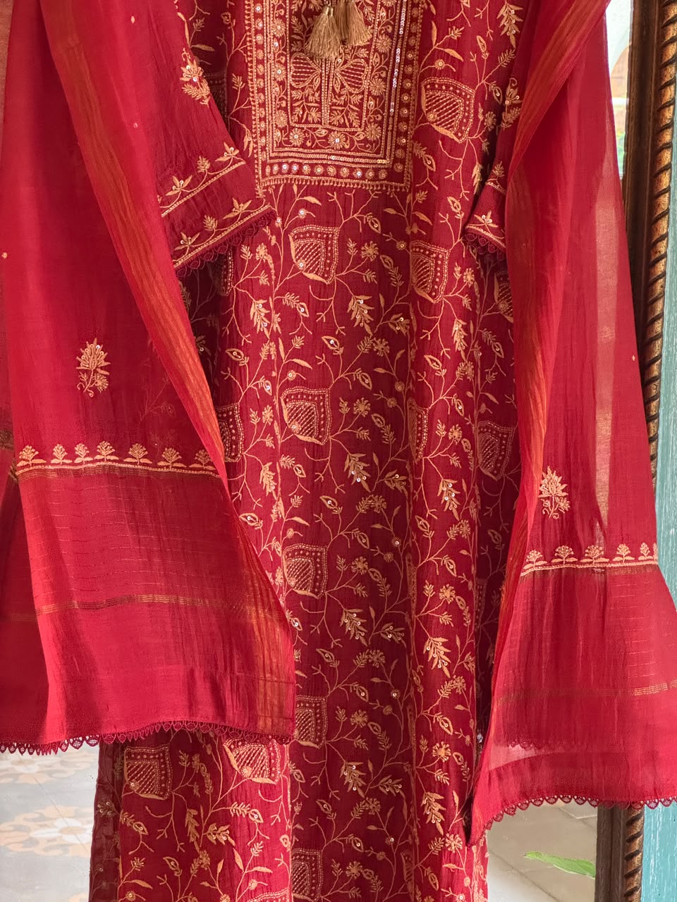 Dark Pink & Yellow Shade Malmal Pearl White Chikankari Ready to Wear Kurta Set