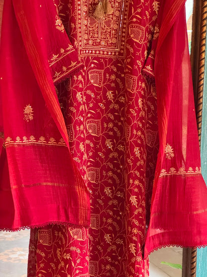 Dark Pink & Yellow Shade Malmal Pearl White Chikankari Ready to Wear Kurta Set