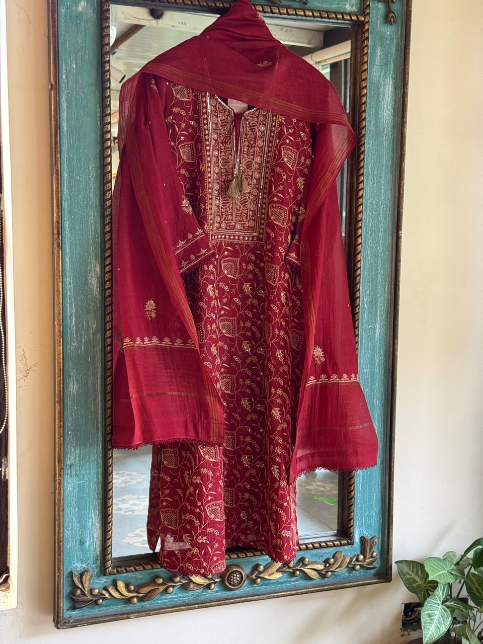 Dark Pink & Yellow Shade Malmal Pearl White Chikankari Ready to Wear Kurta Set