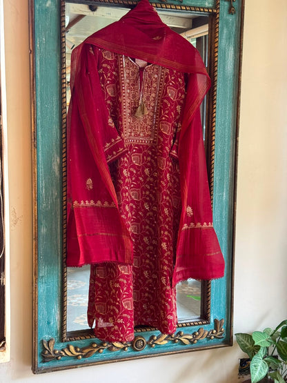Dark Pink & Yellow Shade Malmal Pearl White Chikankari Ready to Wear Kurta Set