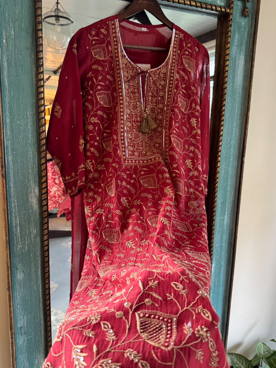 Dark Pink & Yellow Shade Malmal Pearl White Chikankari Ready to Wear Kurta Set