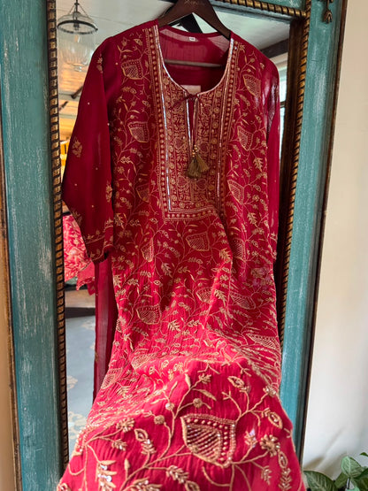 Dark Pink & Yellow Shade Malmal Pearl White Chikankari Ready to Wear Kurta Set